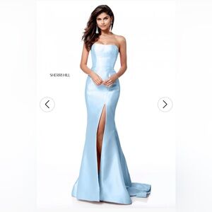 Sherri Hill Strapless mikado mermaid gown leg slit skirt Light Blue NWT formal